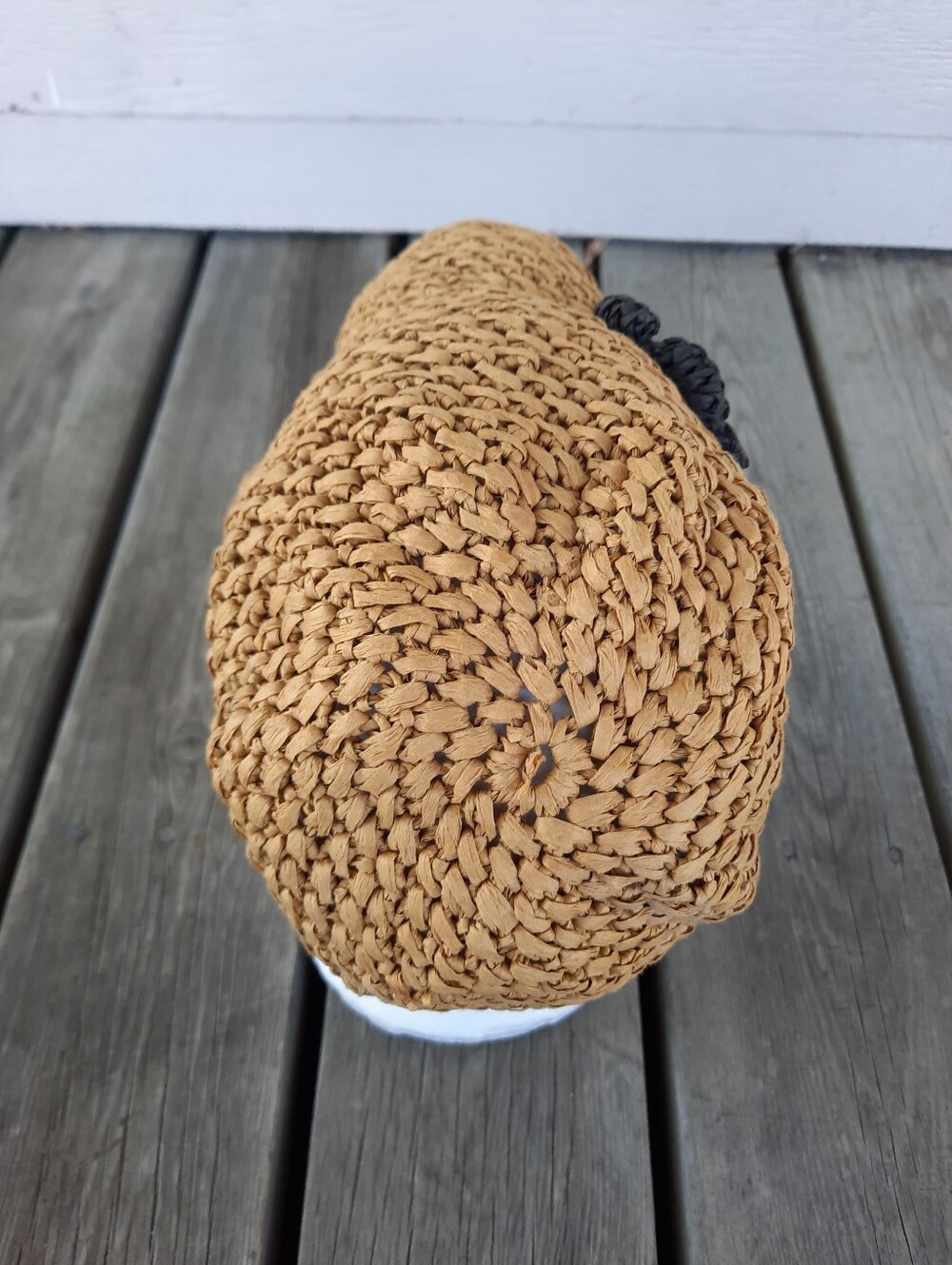 Woven Raffia Paper Summer Bucket Hat With Black 3D Rosettes OS - Picture 6 of 10
